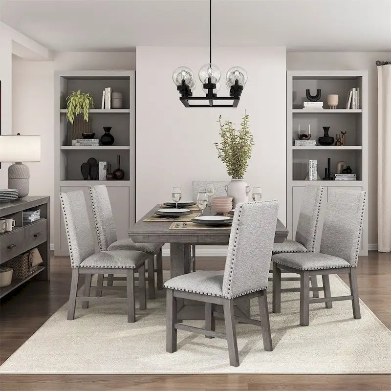Grey 7-Person Dining Set with Extension Leaf Table and 6 Upholstered Chairs