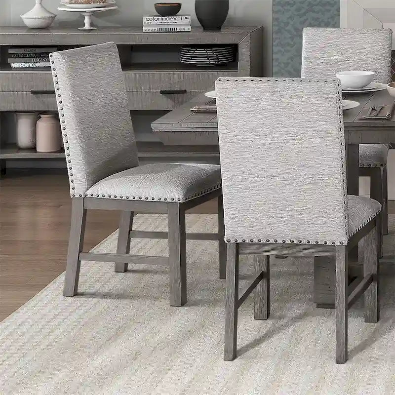 Grey 7-Person Dining Set with Extension Leaf Table and 6 Upholstered Chairs