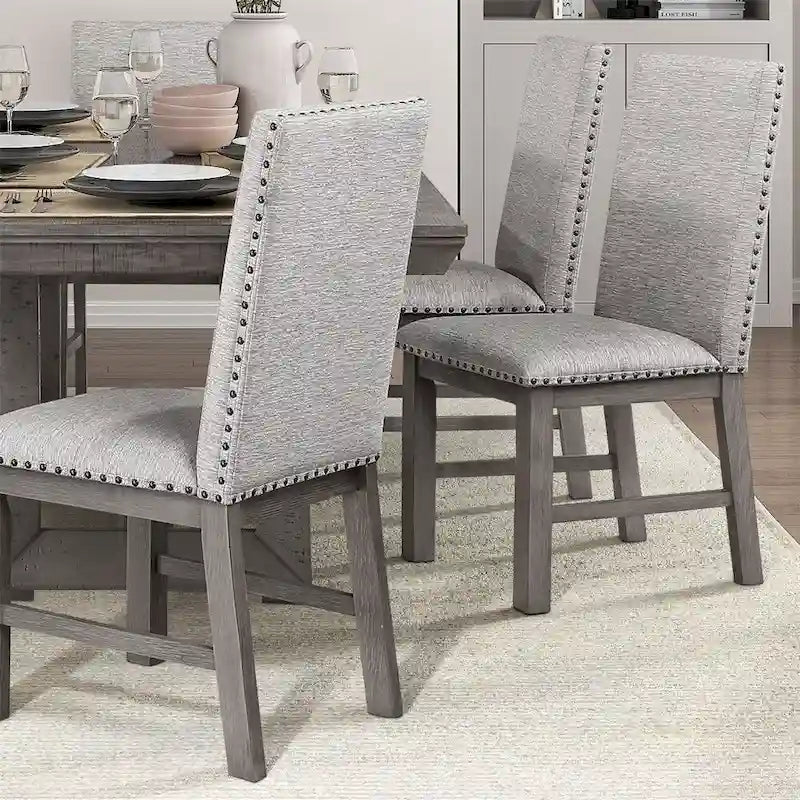 Grey 7-Person Dining Set with Extension Leaf Table and 6 Upholstered Chairs