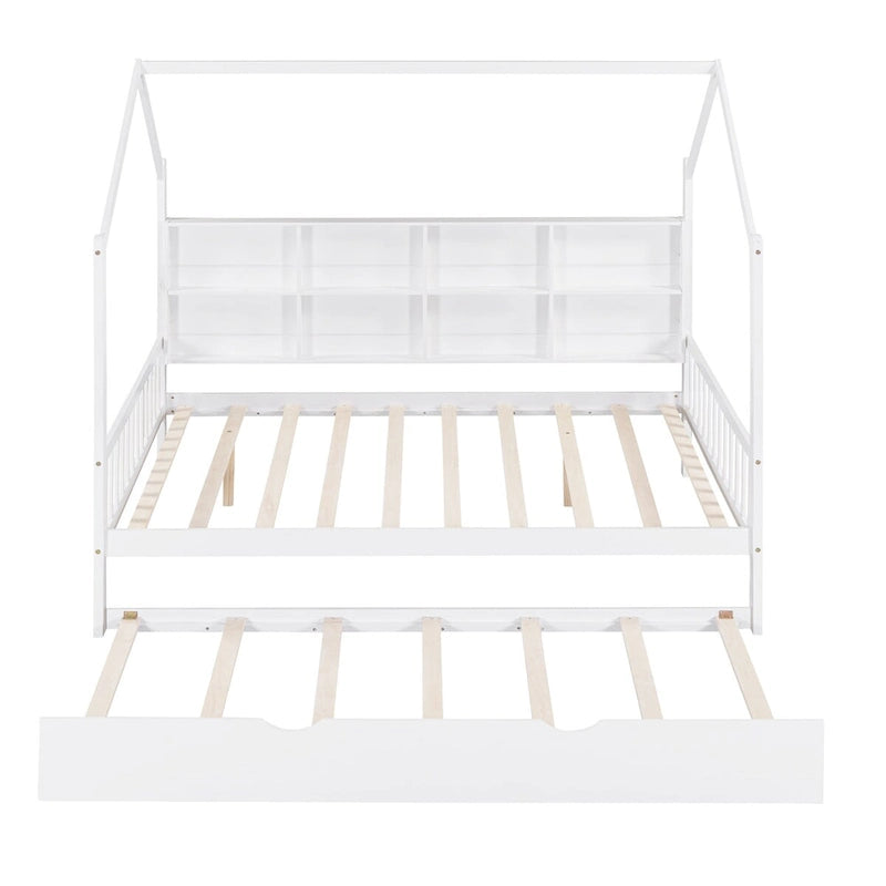 White Full Size Pinewood Kids House Platform Bed with Trundle, Shelf, and Roof