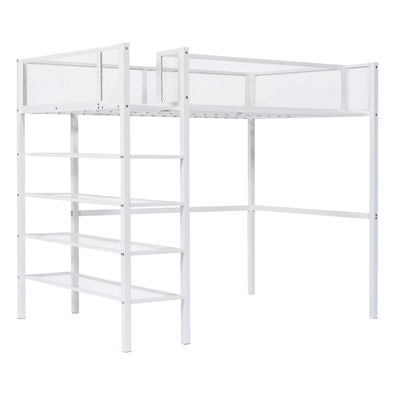White Metal Loft Bed with 4-Tier Shelves, Workstation, and Full-length Guardrail