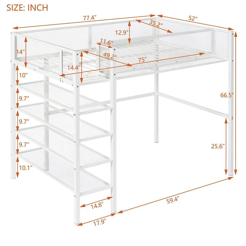 White Metal Loft Bed with 4-Tier Shelves, Workstation, and Full-length Guardrail