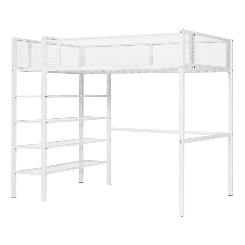 White Metal Loft Bed with 4-Tier Shelves, Workstation, and Full-length Guardrail