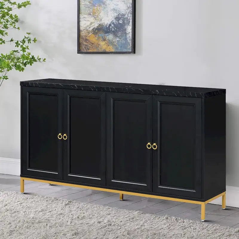Black / Light Gray Faux Marble Top Sideboard with Gold Legs, 2-Door Storage Cabinet