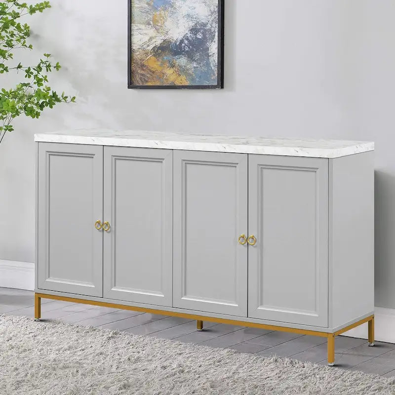 Black / Light Gray Faux Marble Top Sideboard with Gold Legs, 2-Door Storage Cabinet