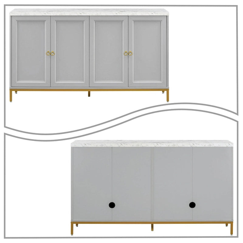 Black / Light Gray Faux Marble Top Sideboard with Gold Legs, 2-Door Storage Cabinet
