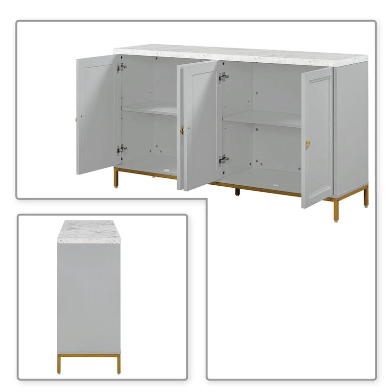 Black / Light Gray Faux Marble Top Sideboard with Gold Legs, 2-Door Storage Cabinet