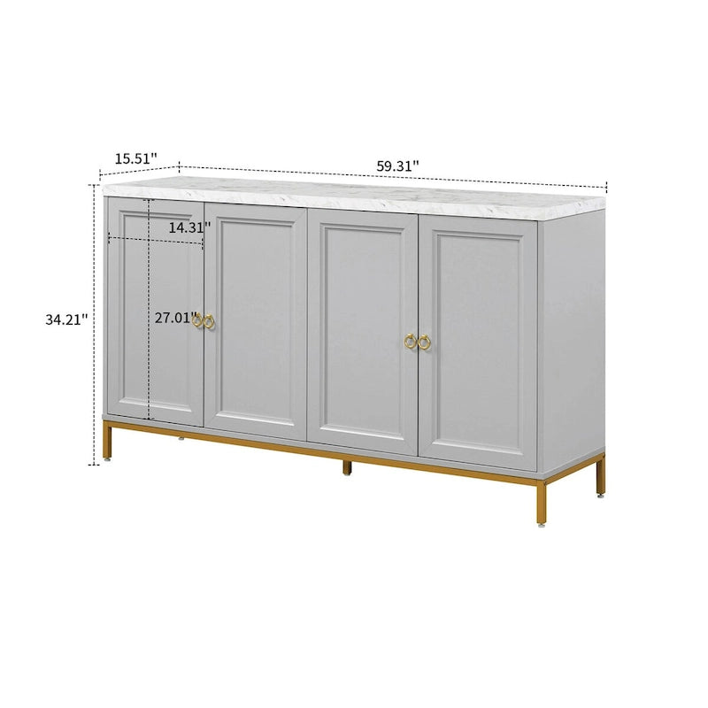 Black / Light Gray Faux Marble Top Sideboard with Gold Legs, 2-Door Storage Cabinet