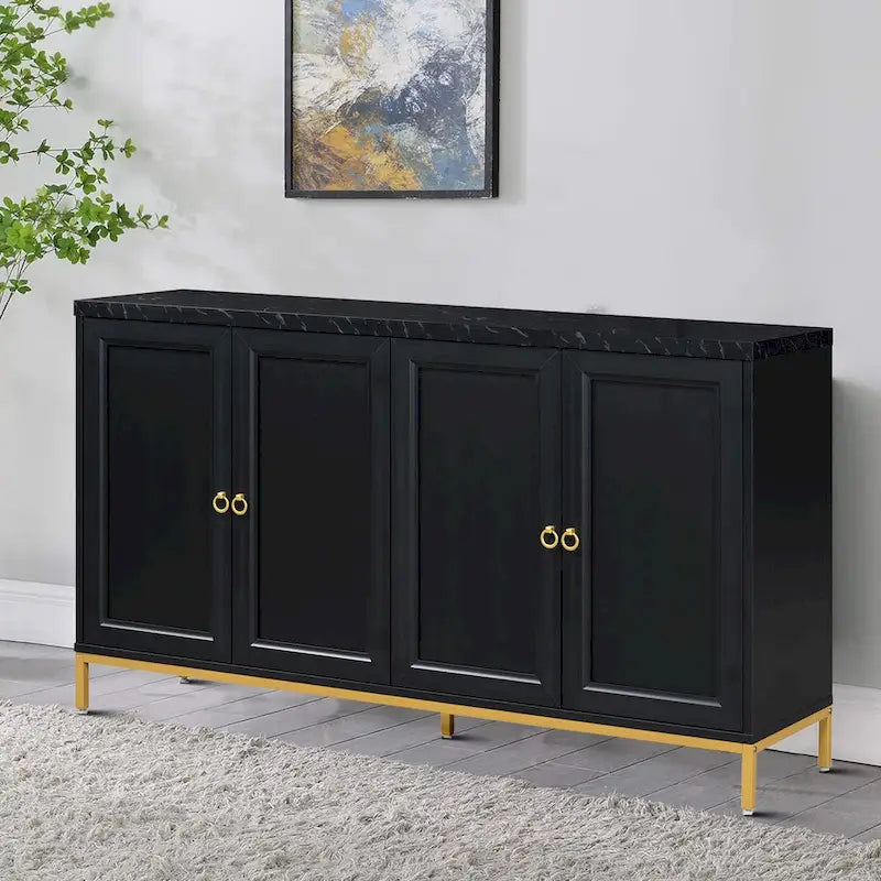 Black / Light Gray Faux Marble Top Sideboard with Gold Legs, 2-Door Storage Cabinet