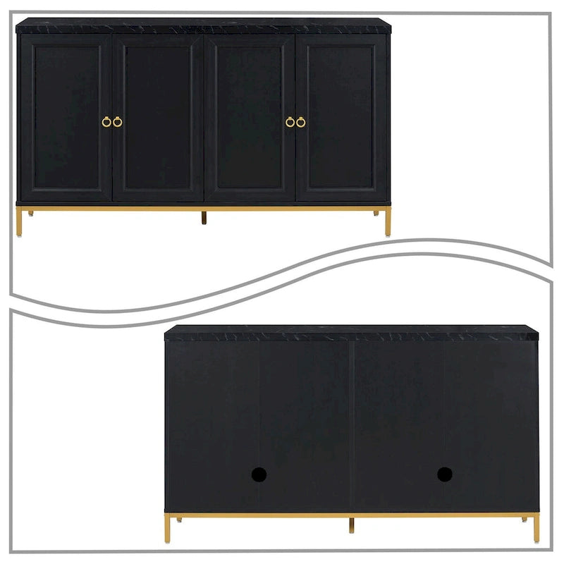 Black / Light Gray Faux Marble Top Sideboard with Gold Legs, 2-Door Storage Cabinet