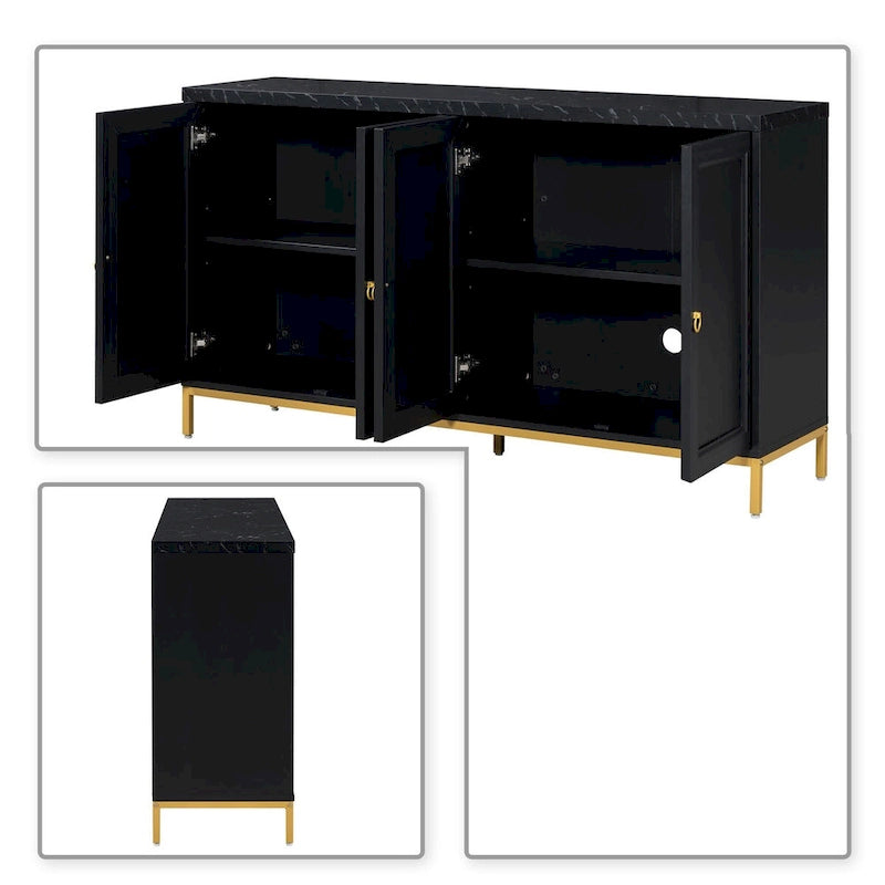 Black / Light Gray Faux Marble Top Sideboard with Gold Legs, 2-Door Storage Cabinet