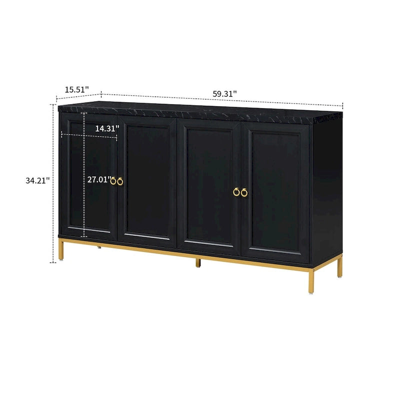Black / Light Gray Faux Marble Top Sideboard with Gold Legs, 2-Door Storage Cabinet