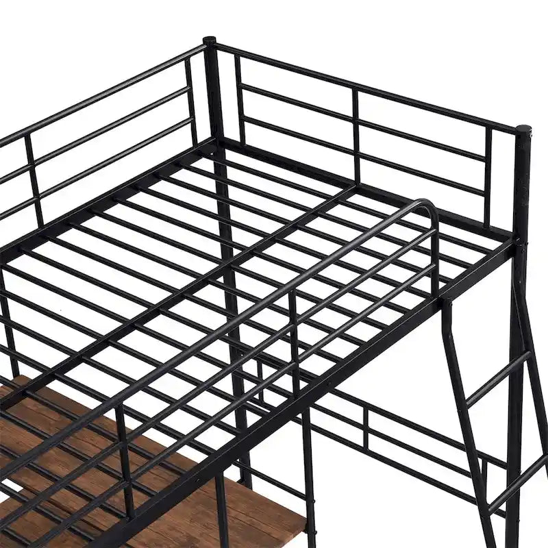 Merax Twin Size Metal Loft Bed with Built-in Desk and Shelves
