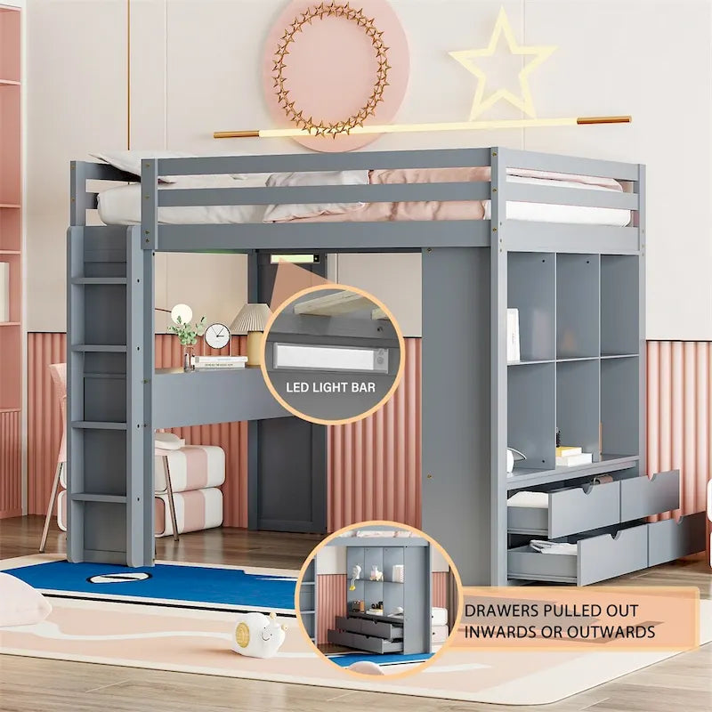 Full Size Loft Bed with Large Shelves,Writing Desk and LED Light