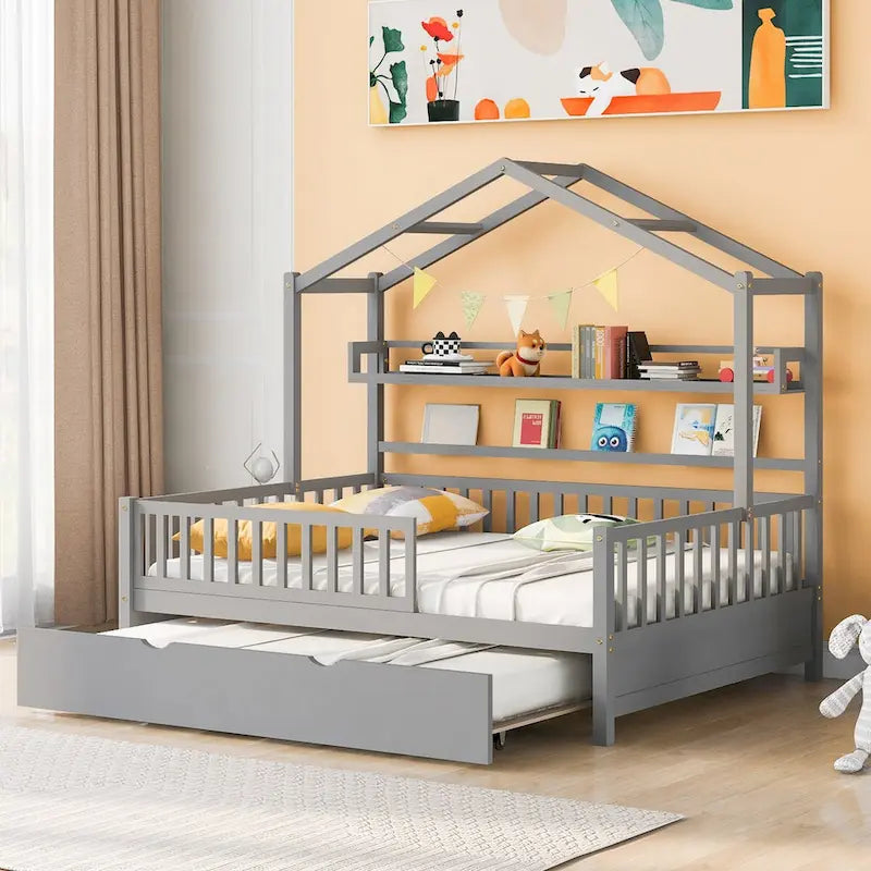 Wooden Full Size Creativity House Bed with Twin Size Trundle Bed and Storage Shelf, Full-Length Guardrail Bed for Kids Teens