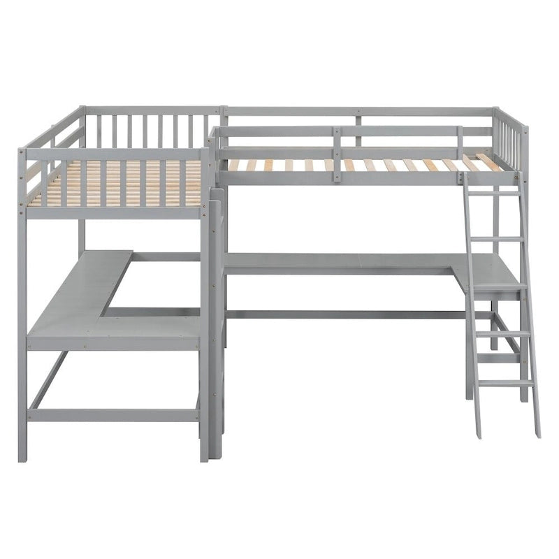 Wood Twin Size L-Shaped Loft Bed with Ladder and 2 Built-in L-Shaped Desks
