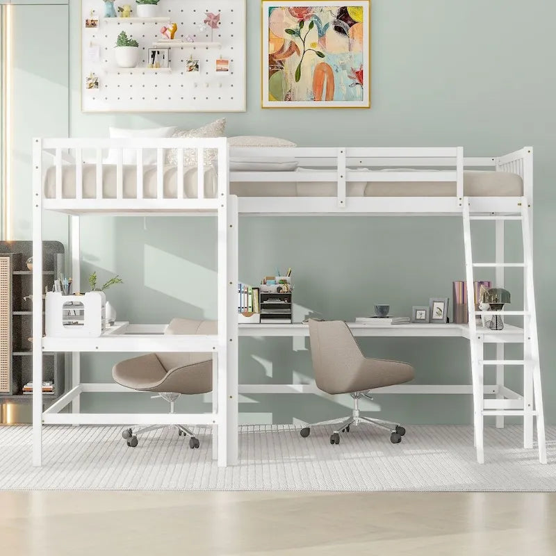 Wood Twin Size L-Shaped Loft Bed with Ladder and 2 Built-in L-Shaped Desks