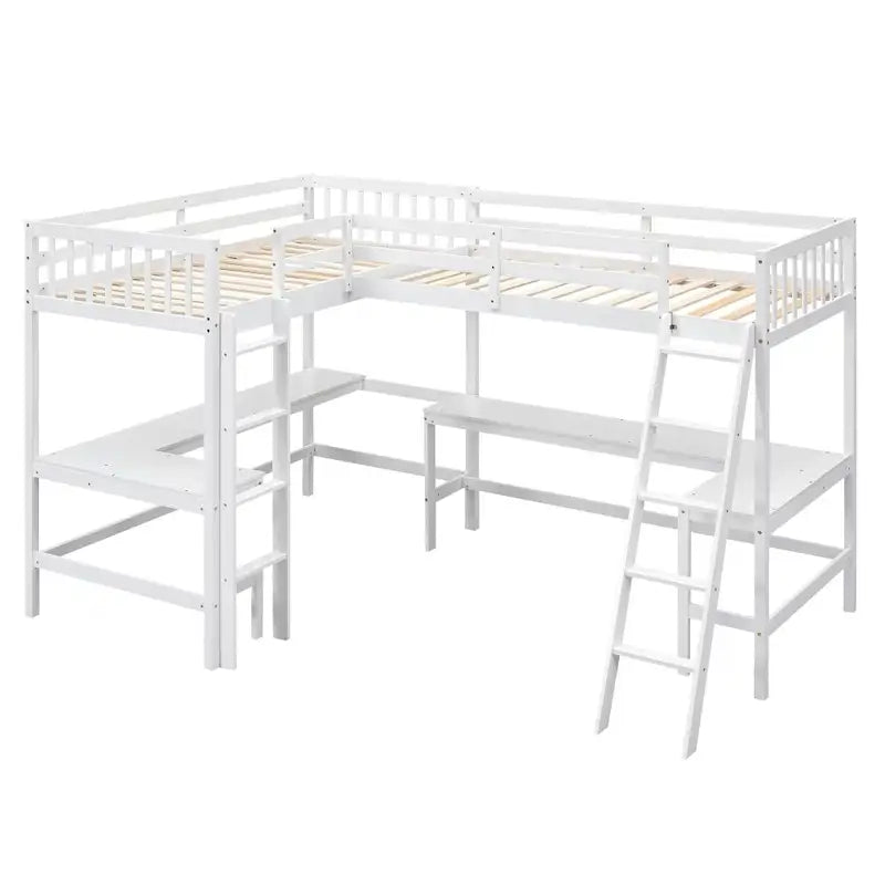 Wood Twin Size L-Shaped Loft Bed with Ladder and 2 Built-in L-Shaped Desks