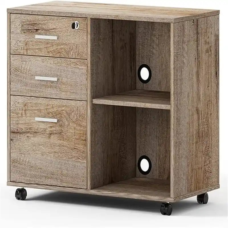 3-Drawer Wood Filing Cabinet with Open Shelves – Walnut / Oak Grain / Teak / White, Single