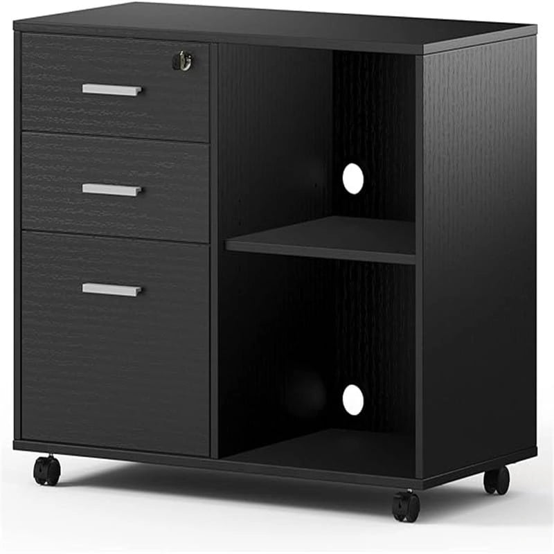 3-Drawer Wood Filing Cabinet with Open Shelves – Walnut / Oak Grain / Teak / White, Single