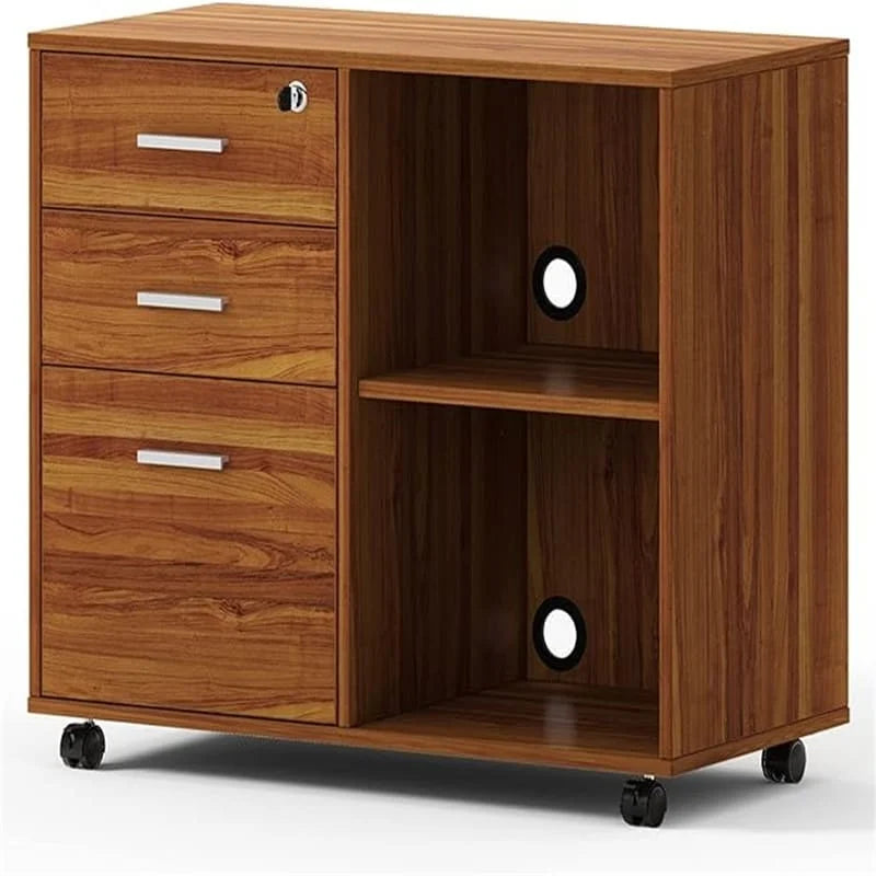 3-Drawer Wood Filing Cabinet with Open Shelves – Walnut / Oak Grain / Teak / White, Single