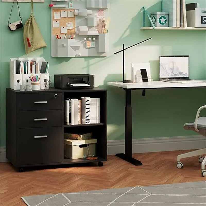 3-Drawer Wood Filing Cabinet with Open Shelves – Walnut / Oak Grain / Teak / White, Single