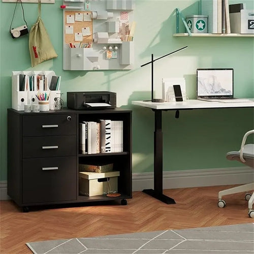 3-Drawer Wood Filing Cabinet with Open Shelves – Walnut / Oak Grain / Teak / White, Single
