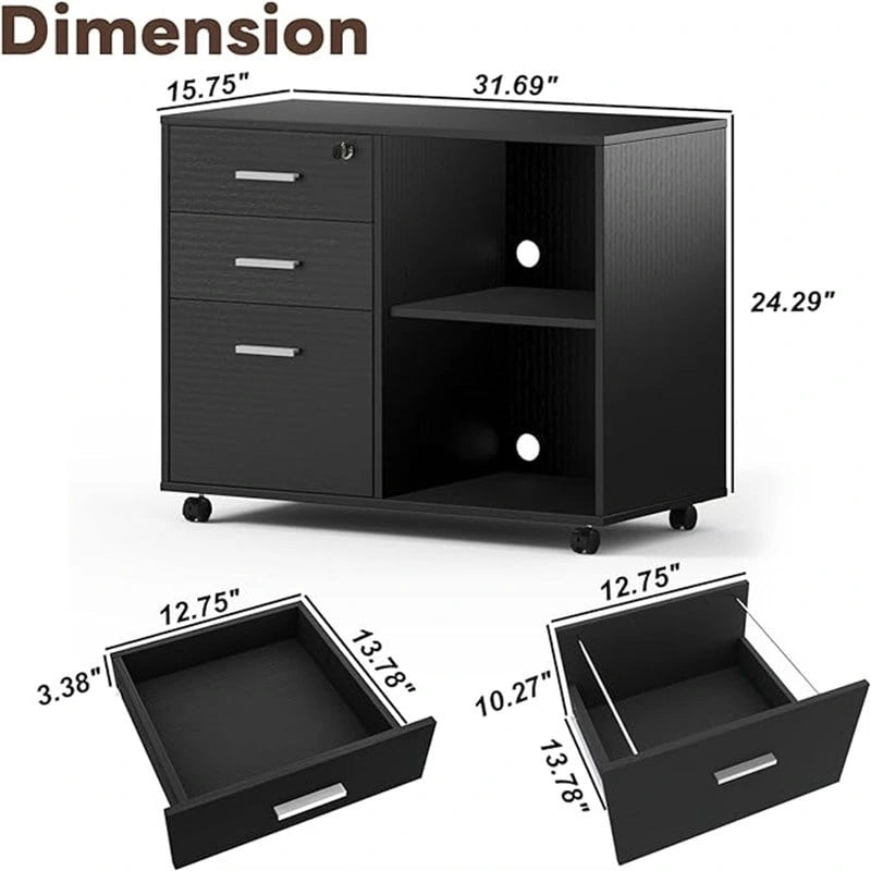 3-Drawer Wood Filing Cabinet with Open Shelves – Walnut / Oak Grain / Teak / White, Single