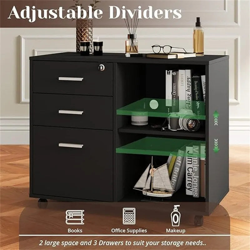 3-Drawer Wood Filing Cabinet with Open Shelves – Walnut / Oak Grain / Teak / White, Single