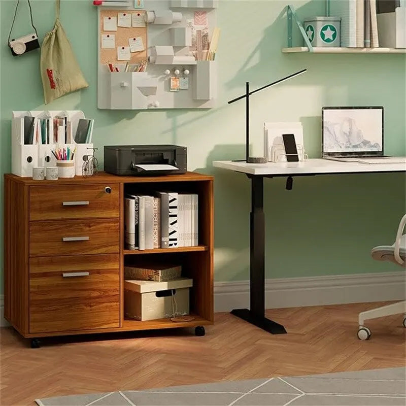 3-Drawer Wood Filing Cabinet with Open Shelves – Walnut / Oak Grain / Teak / White, Single