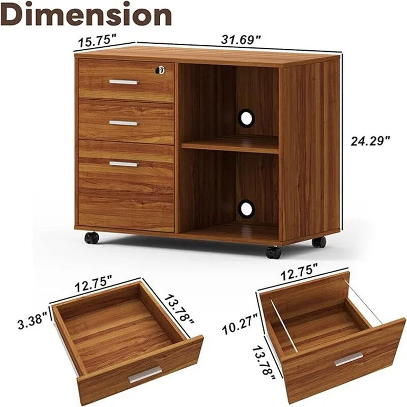 3-Drawer Wood Filing Cabinet with Open Shelves – Walnut / Oak Grain / Teak / White, Single