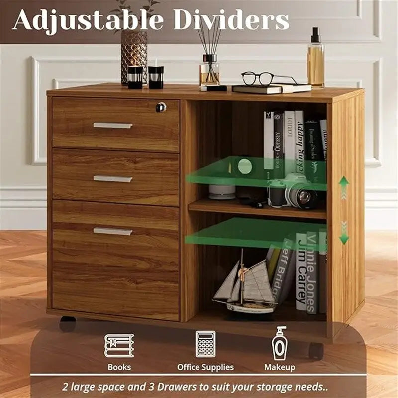 3-Drawer Wood Filing Cabinet with Open Shelves – Walnut / Oak Grain / Teak / White, Single