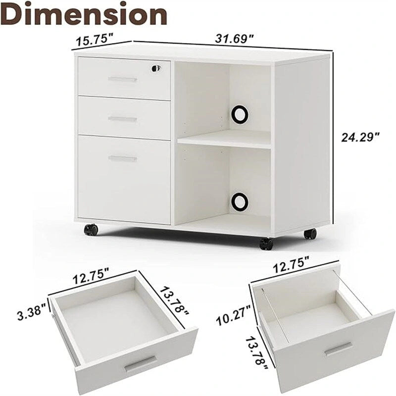3-Drawer Wood Filing Cabinet with Open Shelves – Walnut / Oak Grain / Teak / White, Single