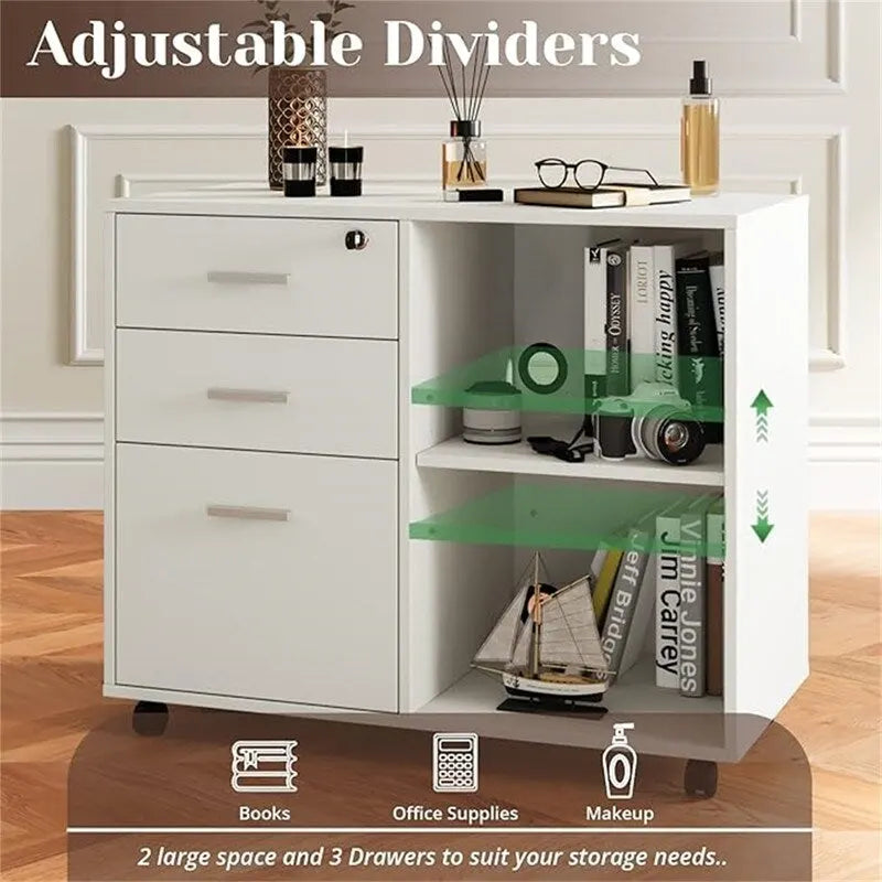 3-Drawer Wood Filing Cabinet with Open Shelves – Walnut / Oak Grain / Teak / White, Single