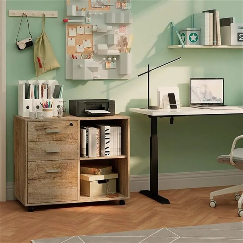 3-Drawer Wood Filing Cabinet with Open Shelves – Walnut / Oak Grain / Teak / White, Single