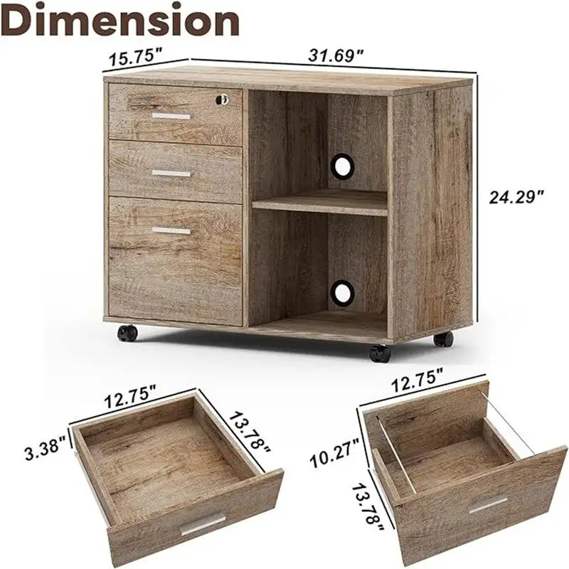 3-Drawer Wood Filing Cabinet with Open Shelves – Walnut / Oak Grain / Teak / White, Single