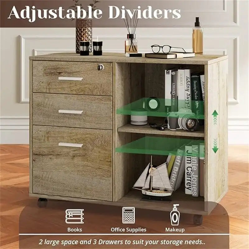 3-Drawer Wood Filing Cabinet with Open Shelves – Walnut / Oak Grain / Teak / White, Single