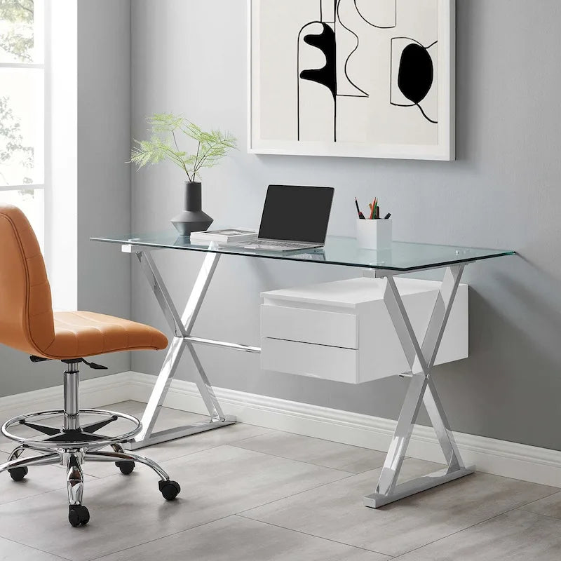 White Glass Top Office Desk with Drawers, Single