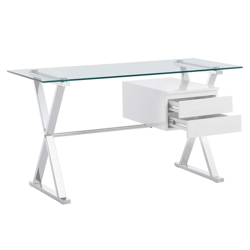 White Glass Top Office Desk with Drawers, Single
