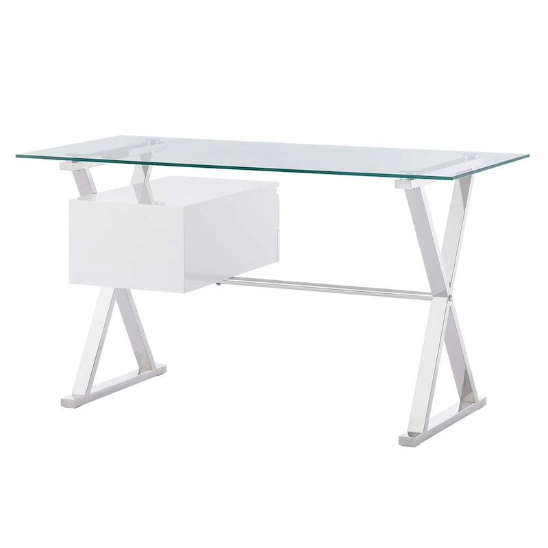 White Glass Top Office Desk with Drawers, Single