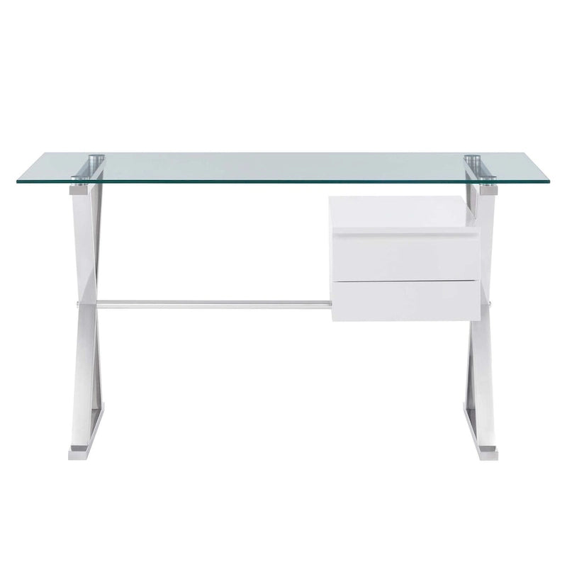 White Glass Top Office Desk with Drawers, Single
