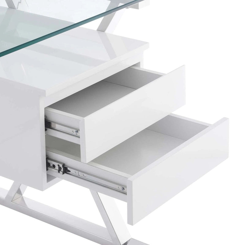 White Glass Top Office Desk with Drawers, Single