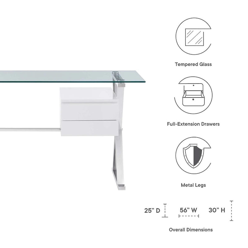 White Glass Top Office Desk with Drawers, Single