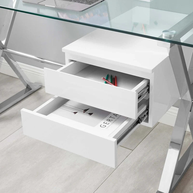 White Glass Top Office Desk with Drawers, Single