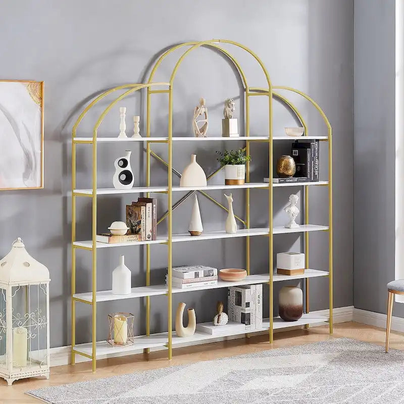 White & Gold 5-Tier Open Bookshelf, Single-Person Assembly