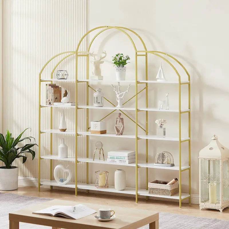 White & Gold 5-Tier Open Bookshelf, Single-Person Assembly