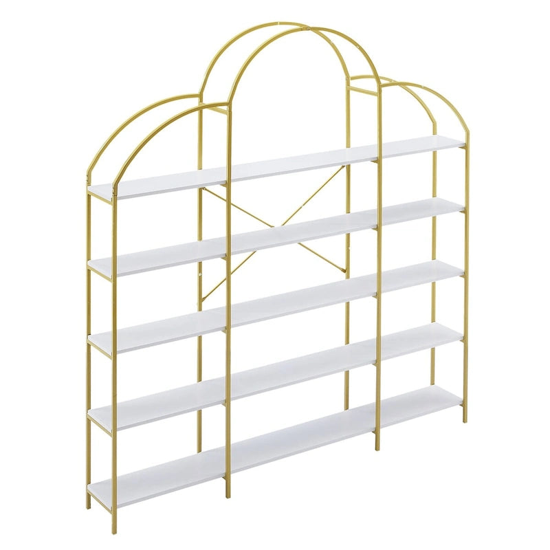 White & Gold 5-Tier Open Bookshelf, Single-Person Assembly