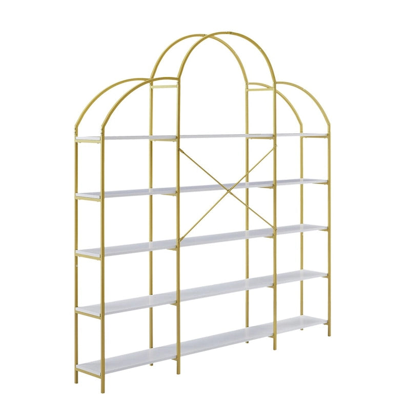 White & Gold 5-Tier Open Bookshelf, Single-Person Assembly