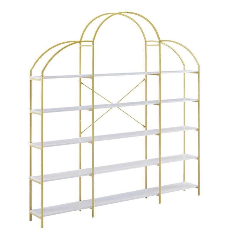 White & Gold 5-Tier Open Bookshelf, Single-Person Assembly