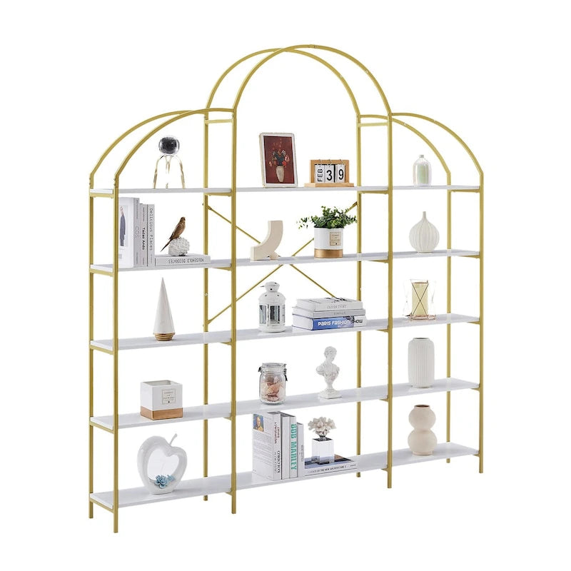 White & Gold 5-Tier Open Bookshelf, Single-Person Assembly